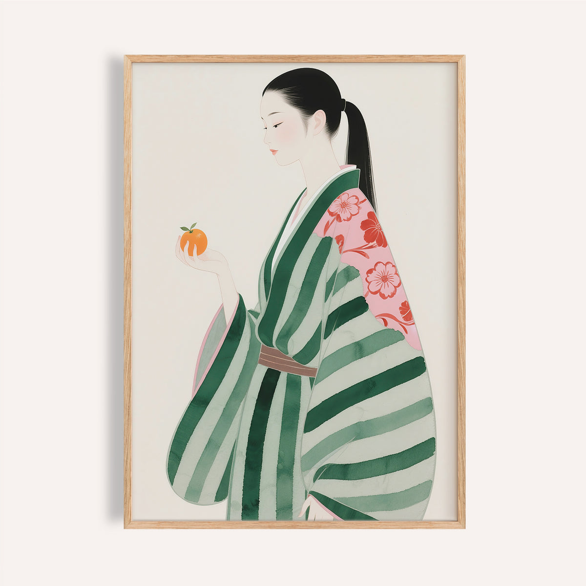 Japanese woman in green-striped kimono holding orange, unique wall art for living room.