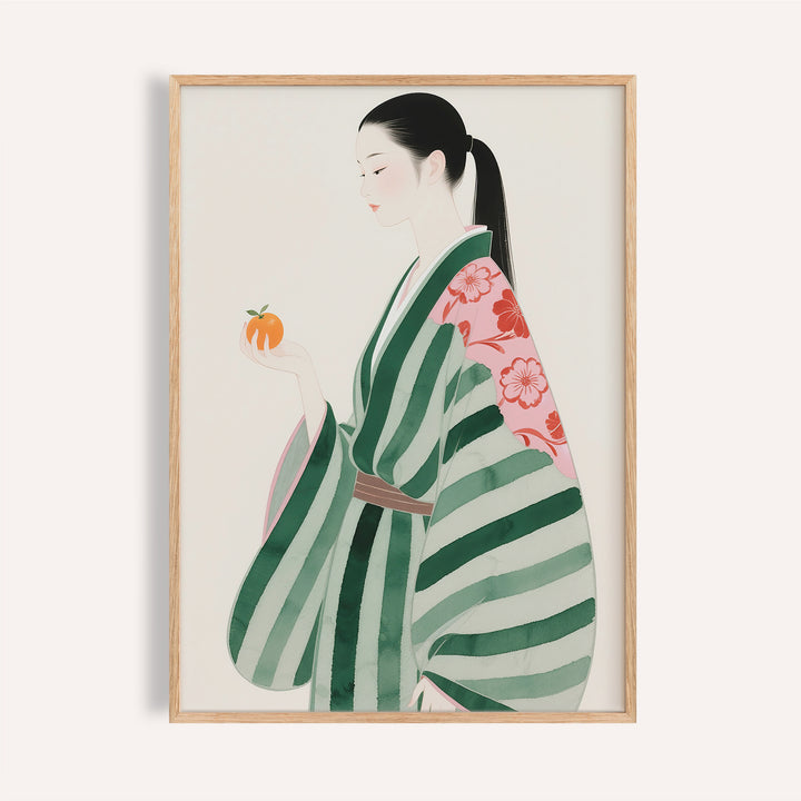 Japanese woman in green-striped kimono holding orange, unique wall art for living room.