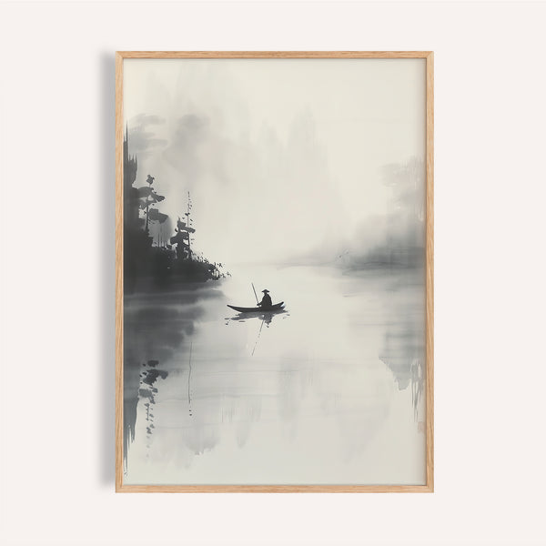 Misty river Japanese ink painting with monochrome tones for a living room wall art print