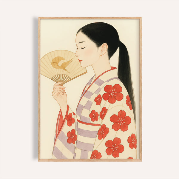 Modern Japanese art print of woman in floral kimono for elegant bedroom wall