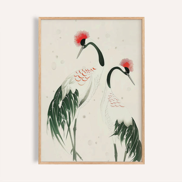 Elegant Japanese crane art featuring red crowned cranes for bedroom wall decor