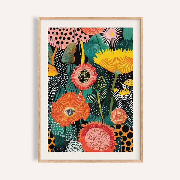 Beautiful flower art with coral and mustard tones for living room walls