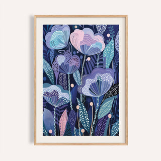 Stylized purple flower poster with dotted petals for bedroom wall decor.