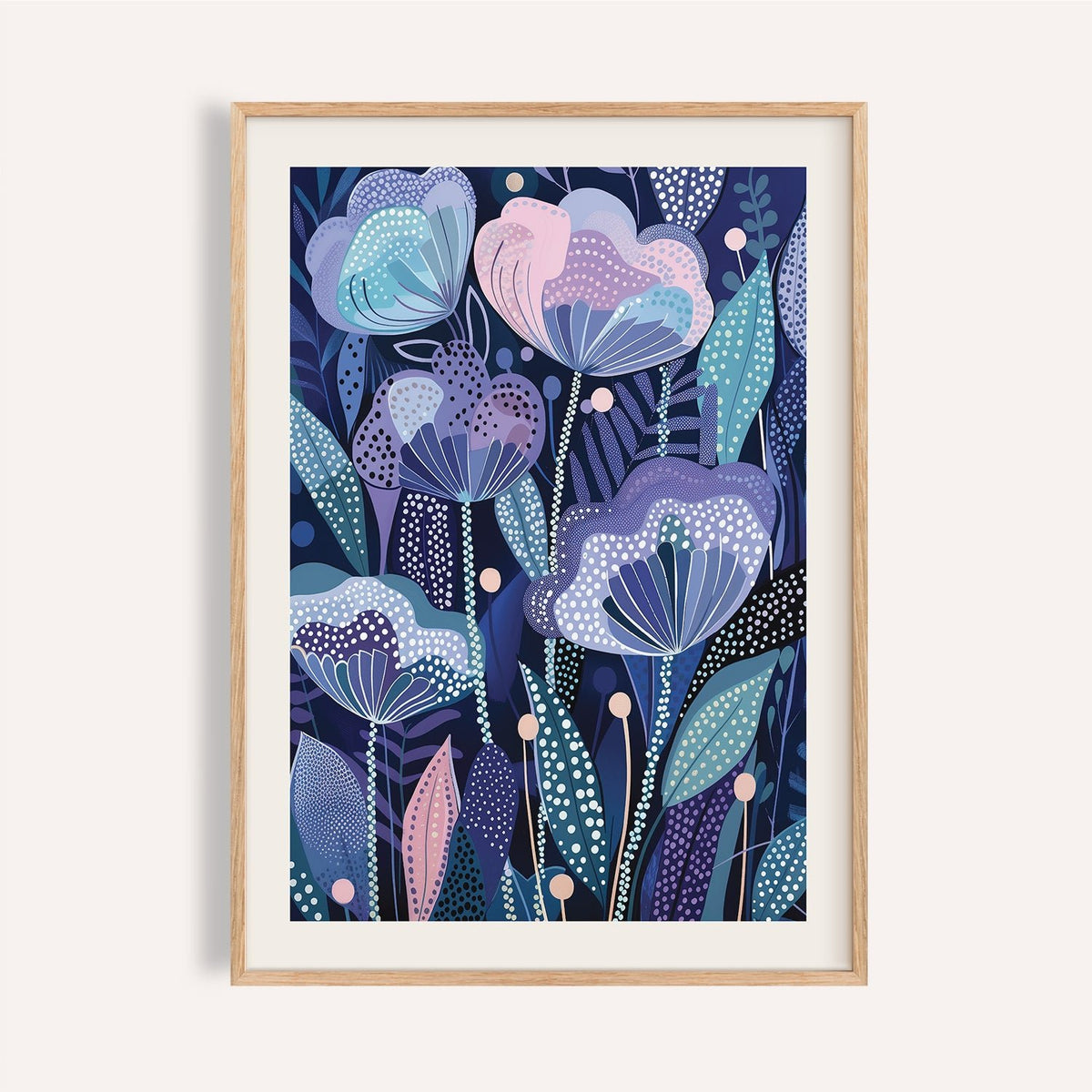 Stylized purple flower poster with dotted petals for bedroom wall decor.
