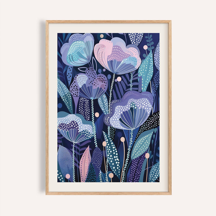 Stylized purple flower poster with dotted petals for bedroom wall decor.