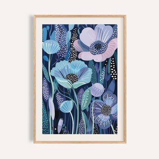 Abstract Japanese floral blue and purple art in navy and aqua tones.