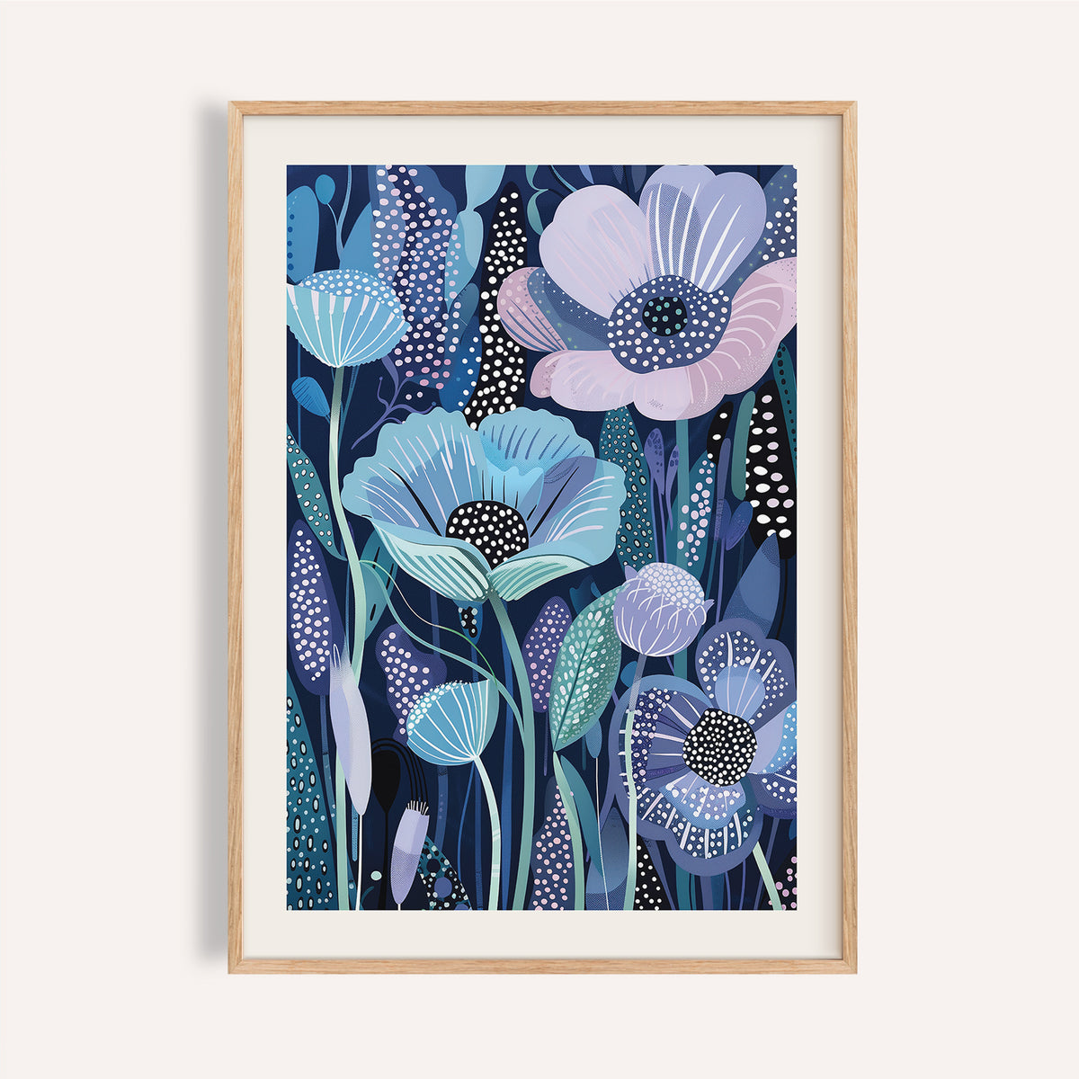 Abstract Japanese floral blue and purple art in navy and aqua tones.