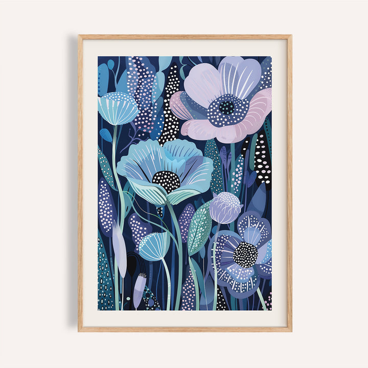 Abstract Japanese floral blue and purple art in navy and aqua tones.