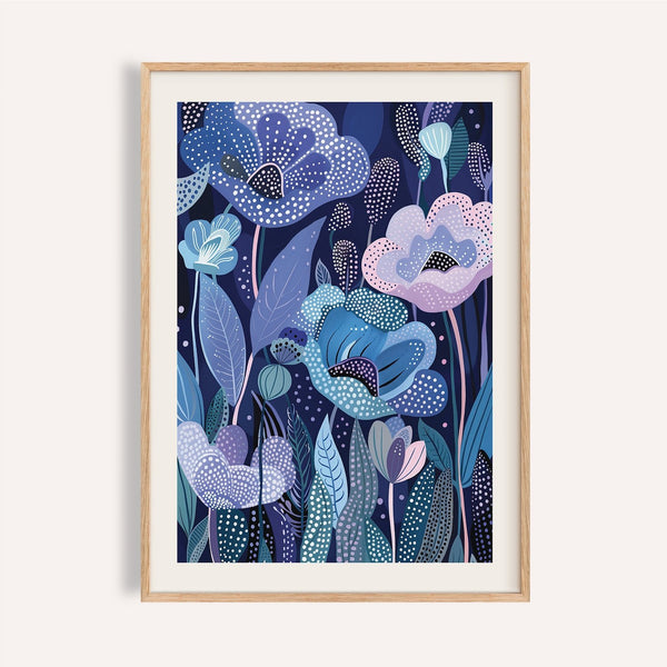 Dark navy purple home decor wall art with dotted lavender flowers for a bedroom.