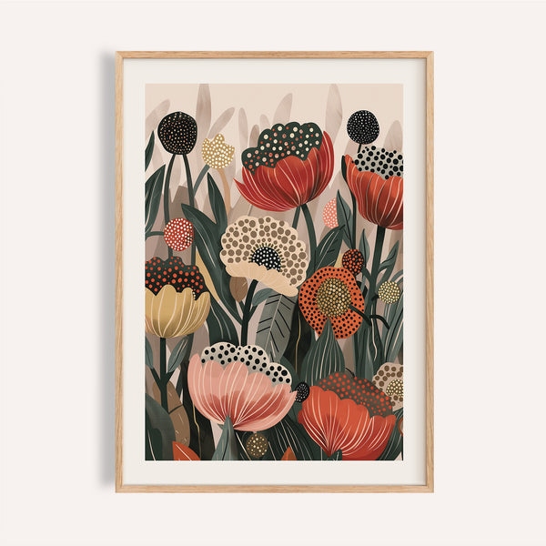 Deep green and red art with poppies for living room wall decor.