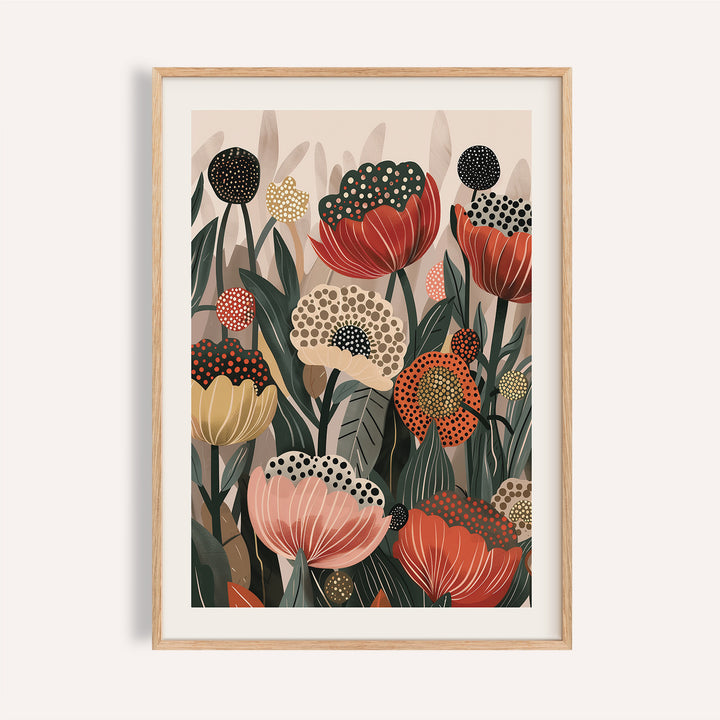 Deep green and red art with poppies for living room wall decor.