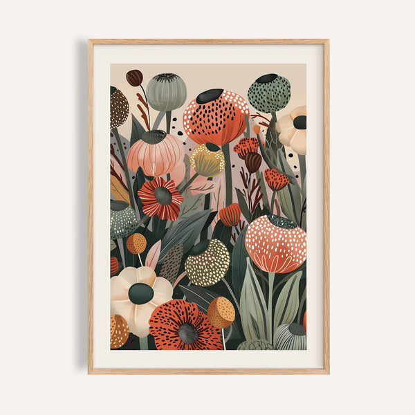 Coral and ochre floral print wall art with dotted patterns for living room walls