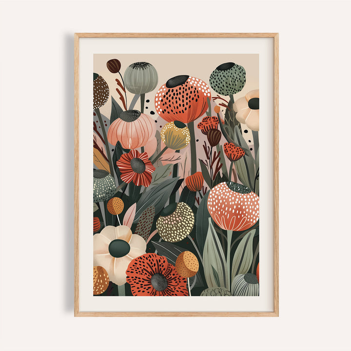 Coral and ochre floral print wall art with dotted patterns for living room walls