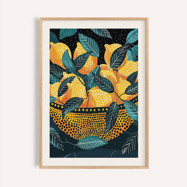 Lemon wall art with dotted yellow citrus in black bowl for kitchen walls