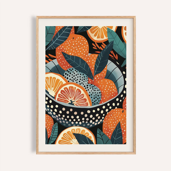 Vibrant bowl of oranges art with sliced citrus and teal leaves for kitchen walls