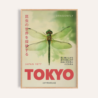 Framed close-up of dragonfly wall art showing a green dragonfly and red text Tokyo