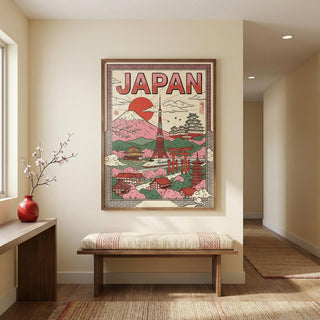 Framed poster of Japan with Mount Fuji  in a room with a wooden bench and decorative vase.