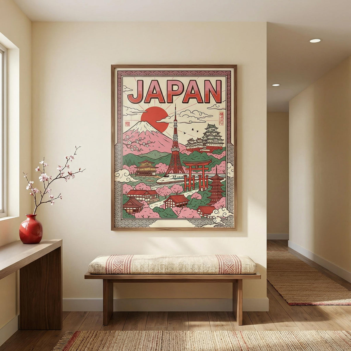 Framed poster of Japan with Mount Fuji  in a room with a wooden bench and decorative vase.