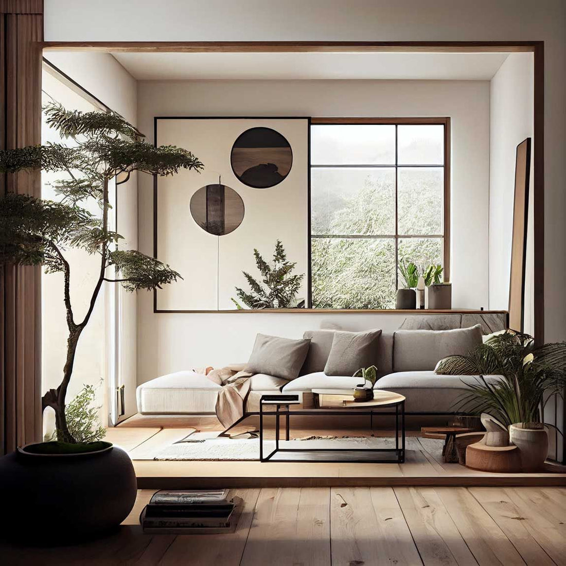 Japandi living room with a low pale sofa, oak floor, bonsai tree and a large print of dark circles on the wall