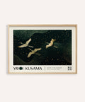 Japanese art print featuring golden cranes in flight
