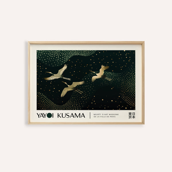 Japanese art print featuring golden cranes in flight