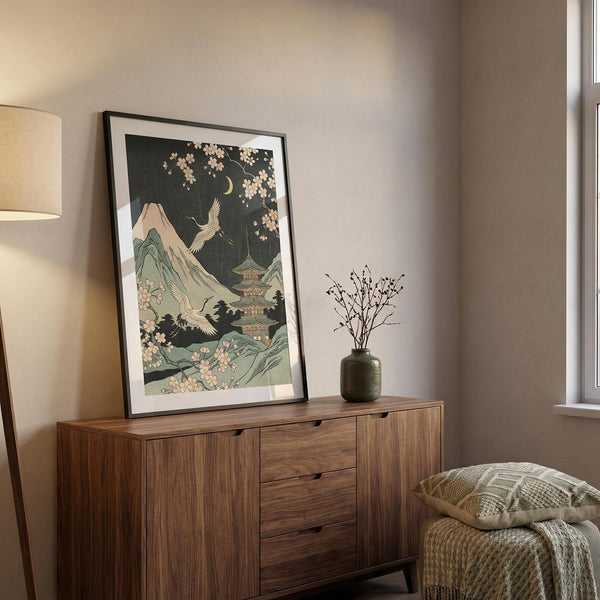 Wooden sideboard with a framed artwork and vase in a room setting