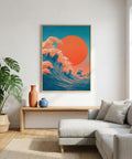 Living room with a large abstract art print of a wave and sun above a sofa and coffee table.
