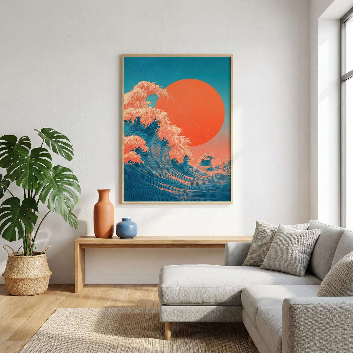 Living room with a large abstract art print of a wave and sun above a sofa and coffee table.