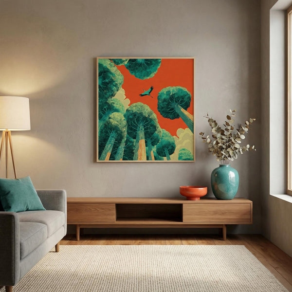 Modern living room with a painting of trees on the wall, a vase, and a lamp.