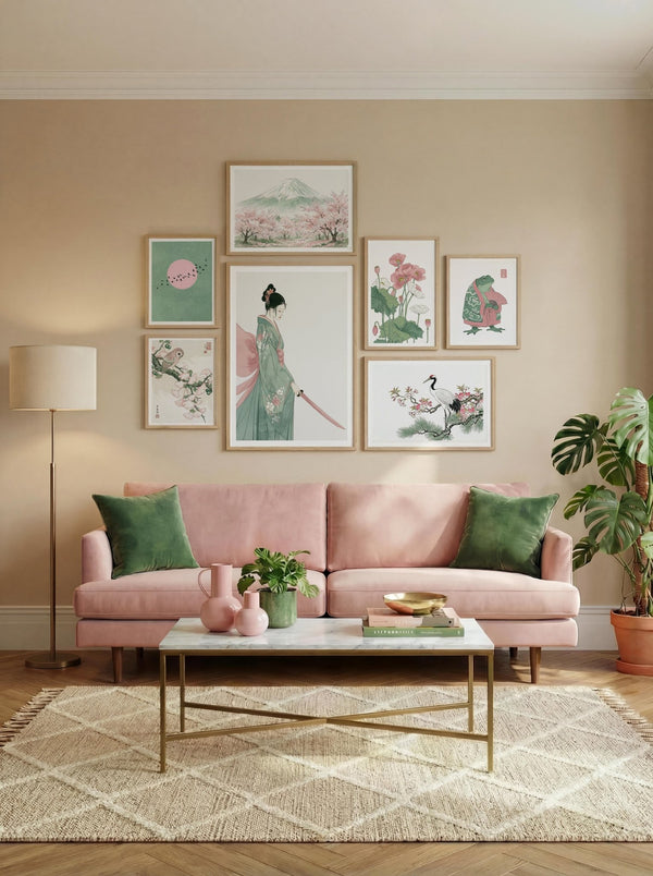 Gallery view of Japanese art print set of seven showing traditional motifs.