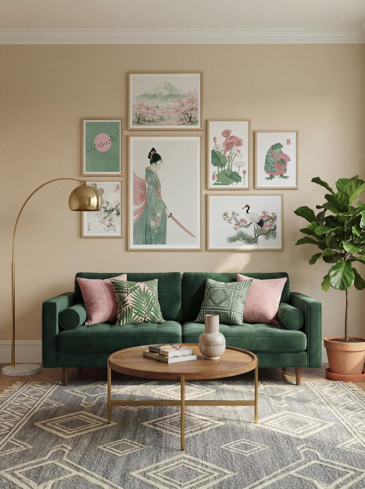 Japanese Wall Art set in green and pink color for above sofa