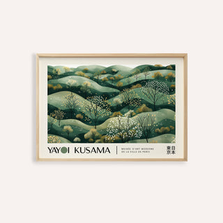 Framed print of Japanese Prints for Sale showing a minimalist hilly landscape with dotted green and gold trees