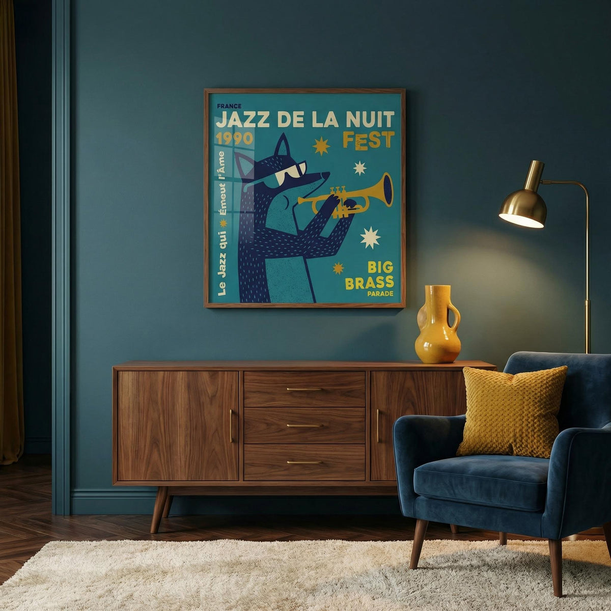 Living room with a blue fox playing a trumpet on a 'Jazz de la Nuit Fest' poster, wooden cabinet, and blue armchair.