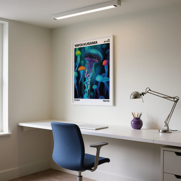 Funky jellyfish print for vibrant wall art and office decor.