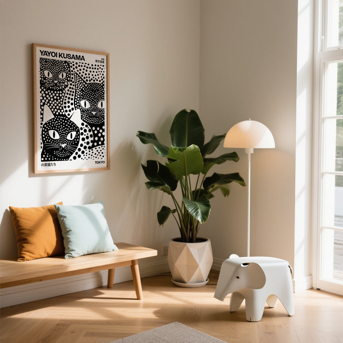 Elegant black cat print with abstract polka dots