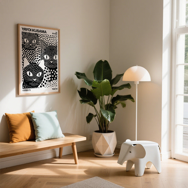 Elegant black cat print with abstract polka dots