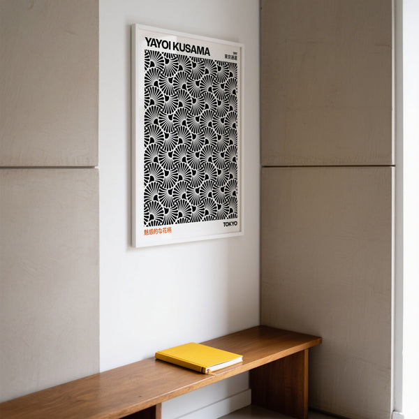 Intricate black and white design in Kusama-inspired hypnotic wall art
