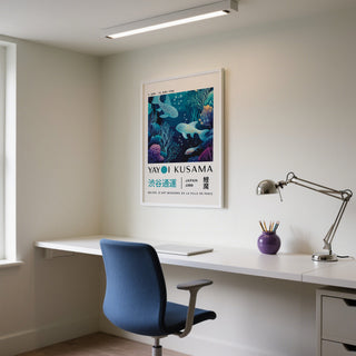 Office Japanese ocean artwork with Kusama-inspired fish