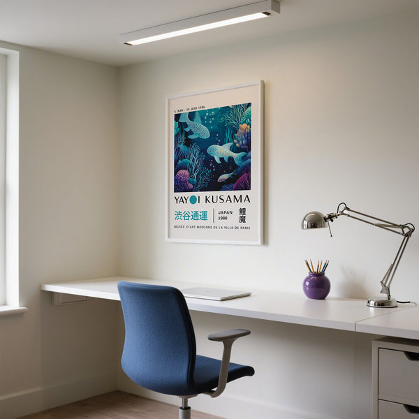 Office Japanese ocean artwork with Kusama-inspired fish