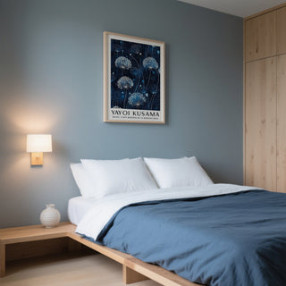 Minimalist bedroom decor using Kusama-style blue and white wall art