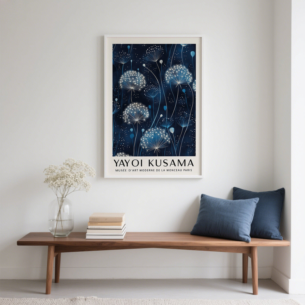 Deep blue background with white floral elements in blue and white wall art