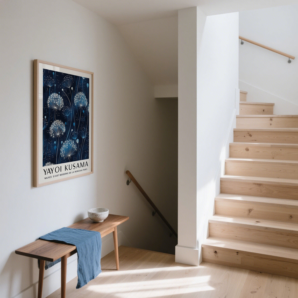 Japandi-style interior decorated with blue and white wall art print