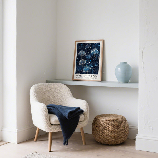 Kusama Dandelion Blue and White Wall Art for corner of room on shelf