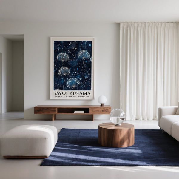 Peaceful living room with modern blue and white wall art display
