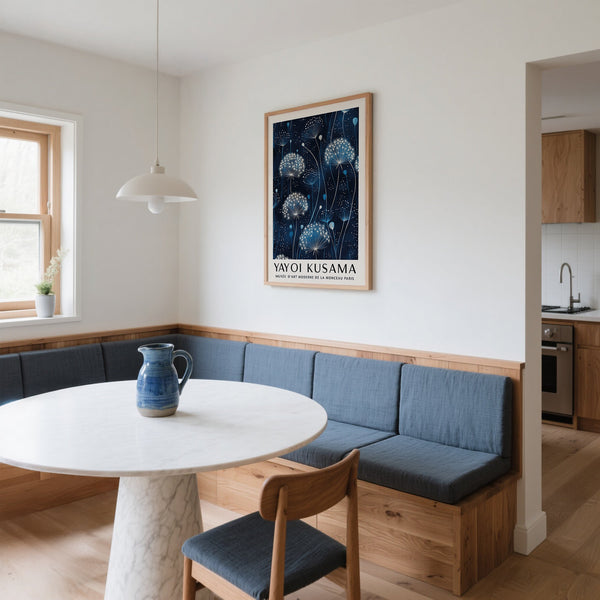 Nature-inspired print with polka dot accents in blue and white wall art