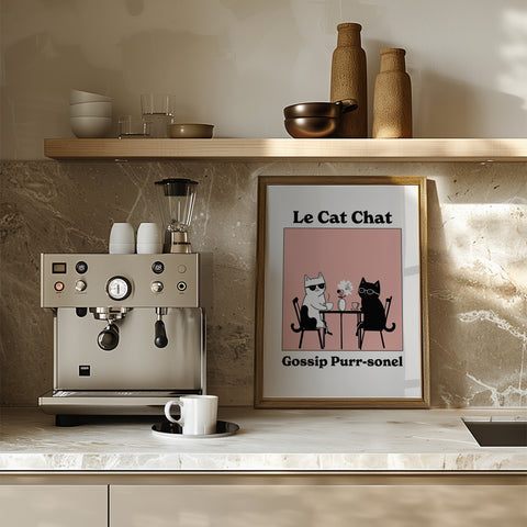 Funny cat poster with stylish cats enjoying coffee
