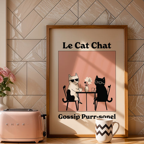 Gossiping cats poster for quirky and whimsical decor
