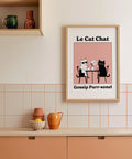 Humorous cat poster with two gossiping cats in a cafe
