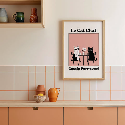 Humorous cat poster with two gossiping cats in a cafe
