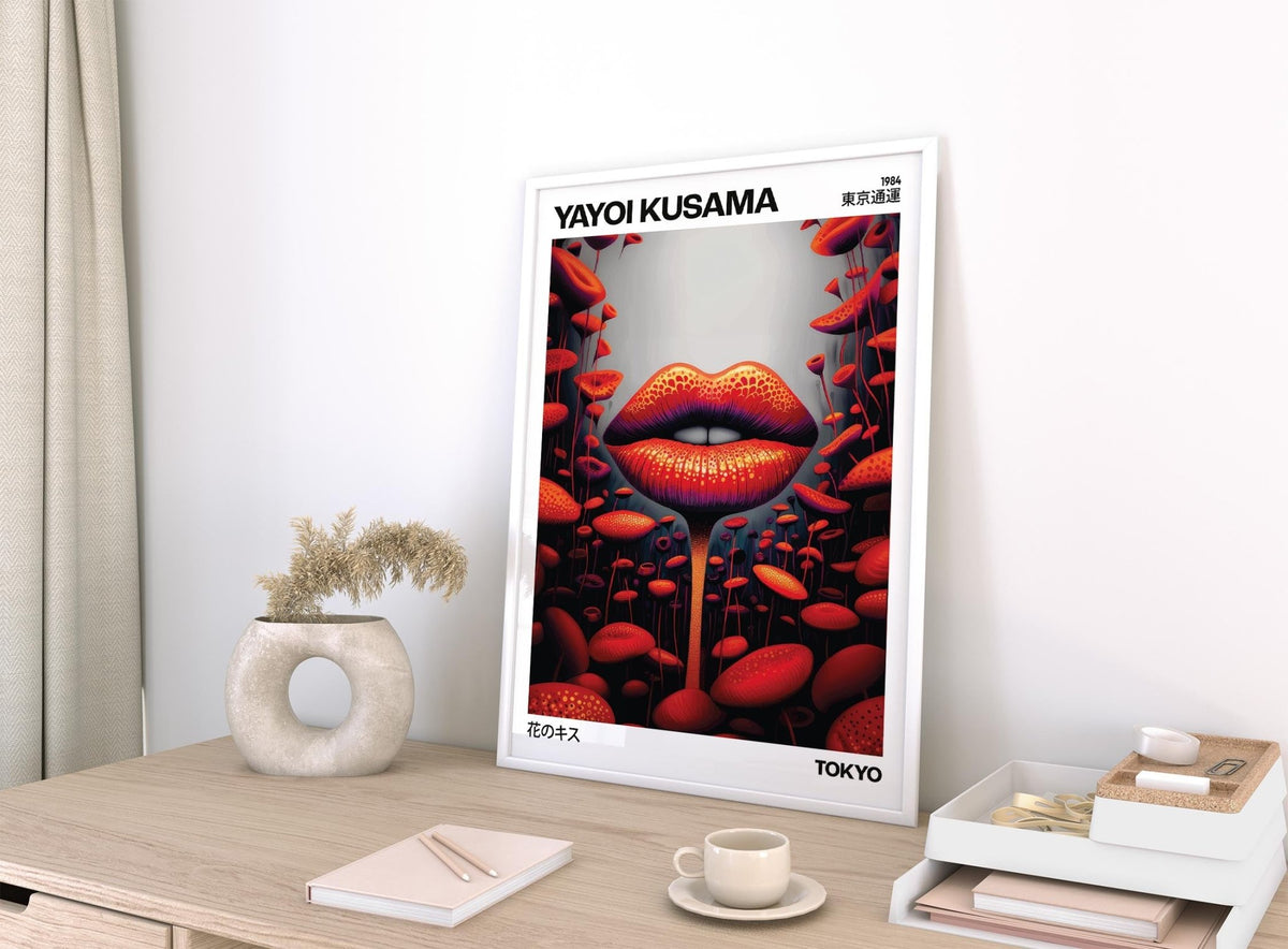 Eclectic red lips strange wall art inspired by Yayoi Kusama